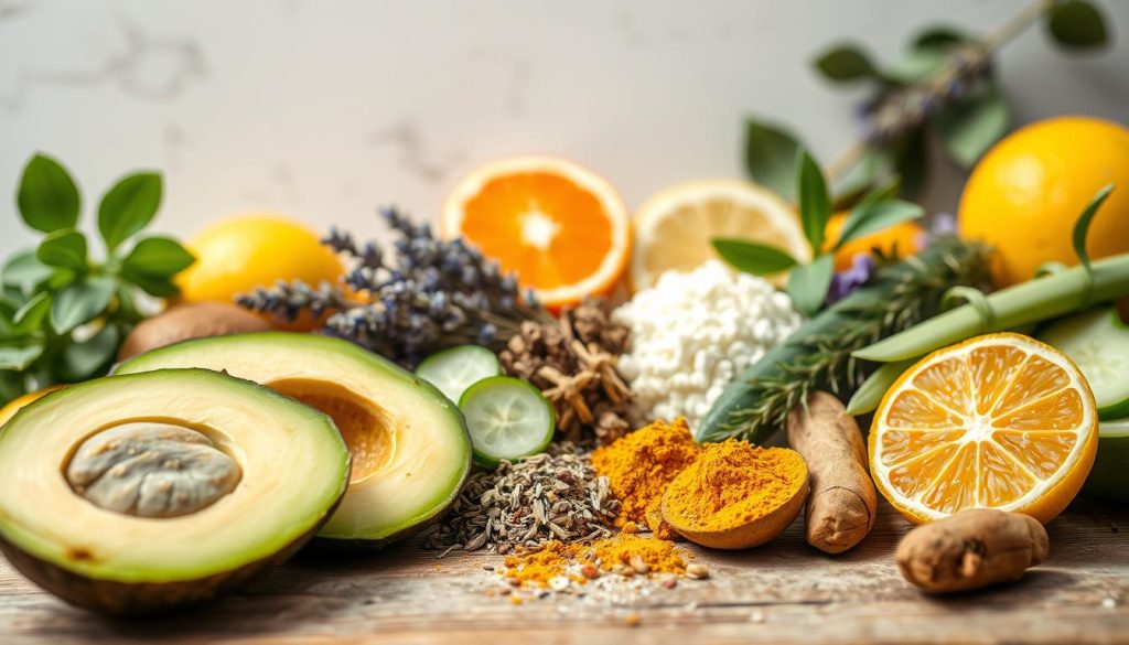 A close-up, detailed photograph of an assortment of fresh, organic botanical ingredients used in natural skincare products. In the foreground, there are several whole and sliced fruits and vegetables, such as avocado, cucumber, aloe vera leaves, and citrus slices, arranged artfully on a rustic wooden surface. In the middle ground, there are various dried herbs, flowers, and powders, including lavender, chamomile, rosemary, and turmeric. The background is softly blurred, creating a clean, minimalist, and soothing atmosphere, with natural lighting from the side illuminating the scene. The overall composition and styling evoke a sense of purity, wellness, and the inherent goodness of nature-based skincare.
