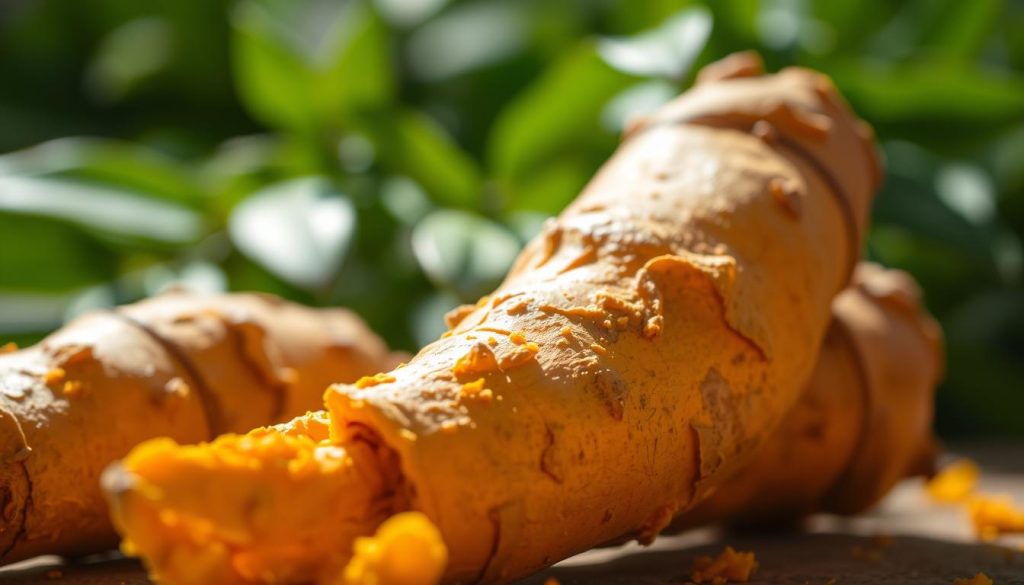 A close-up view of a turmeric root and rhizome, with vibrant orange-yellow hues and a textured surface. Soft, natural lighting illuminates the foreground, casting gentle shadows and highlights. In the background, a lush green foliage backdrop, perhaps leaves or stems, creates a sense of herbal vitality and Ayurvedic authenticity. The composition emphasizes the intricate details and earthy qualities of this versatile Ayurvedic ingredient, evoking a sense of wellness, holistic healing, and daily nourishment.