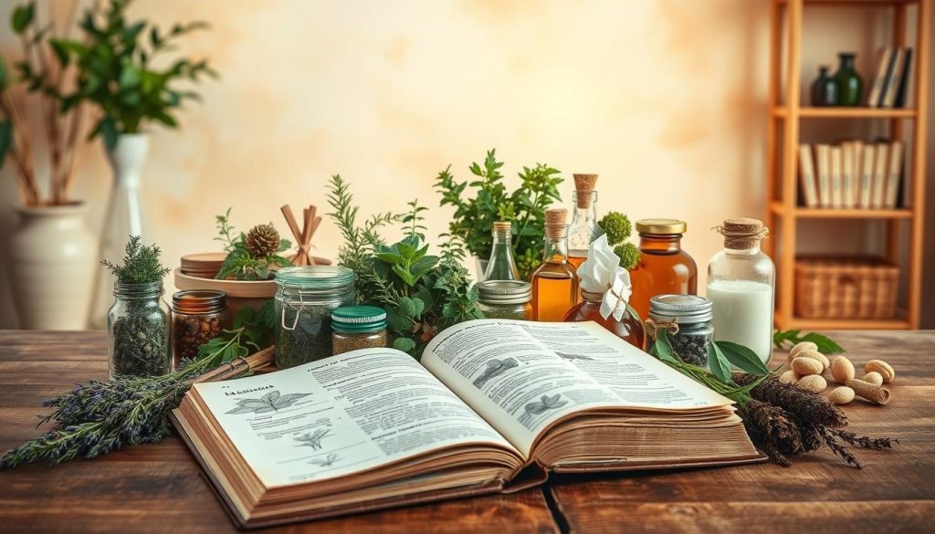 A cozy and inviting herbal remedies guide, showcasing an assortment of essential herbs arranged against a warm, natural backdrop. In the foreground, a wooden table displays an open herbal tome, its pages filled with detailed illustrations and descriptions of various healing plants. Surrounding the book, an artful arrangement of jars, bottles, and bundles of fresh herbs, their colors and textures creating a visually captivating display. The middle ground features a gentle, diffused lighting, casting a soft, golden glow over the scene, evoking a sense of tranquility and wellness. In the background, a simple, yet elegant shelving unit holds additional herbal resources, complementing the overall rustic and inviting atmosphere. The overall composition conveys a sense of thoughtful curation, inviting the viewer to delve deeper into the world of natural, herbal remedies.