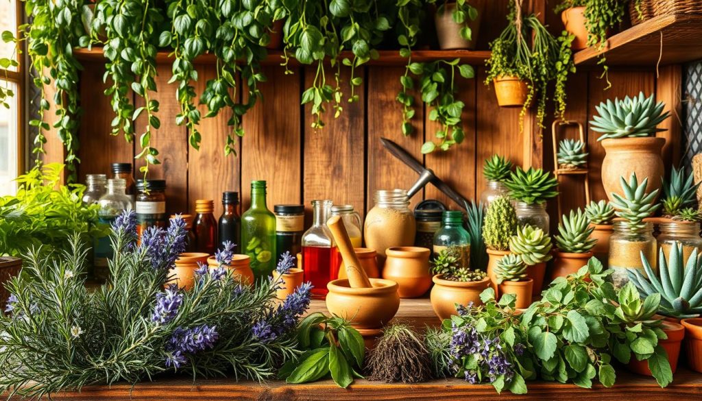 A cozy apothecary scene with an assortment of vibrant herbs, plants, and jars on rustic wooden shelves. In the foreground, sprigs of rosemary, chamomile, and lavender are arranged artfully. In the middle ground, glass bottles filled with tinctures, oils, and powders sit alongside earthenware mortar and pestles. The background showcases an array of lush greenery, from hanging ivy to potted succulents, all bathed in warm, natural lighting that casts a soft, inviting glow. The overall mood is one of calm, wellness, and a connection to the natural world.