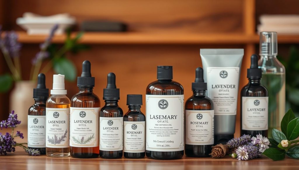 A neatly arranged display of essential oil bottles and organic skincare products on a wooden table. The bottles have elegant labels and feature natural ingredients like lavender, rosemary, and tea tree oil. In the background, a soft, warm lighting illuminates the scene, casting a gentle glow and creating a soothing, spa-like atmosphere. The overall composition emphasizes the natural, botanical essence of the organic skincare products, inviting the viewer to explore their beneficial properties for healthy skin.