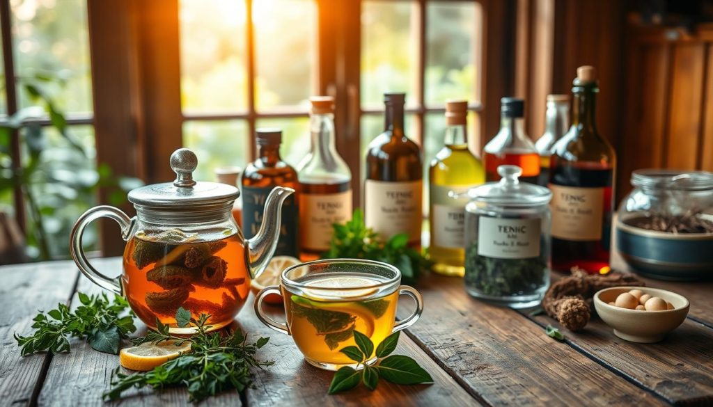 A rustic wooden table set with an assortment of natural healing tonics and teas. In the foreground, a teapot and cups filled with a soothing herbal infusion, surrounded by fresh herbs, lemon slices, and honey. In the middle ground, various bottled tonics and elixirs crafted from roots, berries, and spices. The background features a window overlooking a lush garden, bathed in warm, diffused natural light. The overall mood is one of tranquility, wellness, and a return to simpler, holistic remedies.