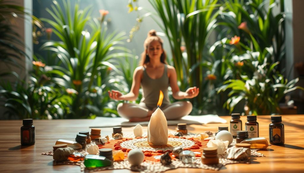 A serene and tranquil scene of a holistic healing sanctuary, bathed in warm natural lighting. In the foreground, a collection of natural healing crystals, essential oils, and incense arrange themselves in a harmonious mandala pattern. The middle ground features a person sitting cross-legged in a meditative pose, their face calm and introspective. Behind them, a lush, verdant garden with swaying plants and flowers creates a peaceful, restorative atmosphere. The overall composition conveys a sense of balance, harmony, and the interconnectedness of mind, body, and spirit.