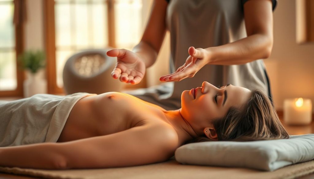 A serene and tranquil scene of an energy healing session, with the practitioner's hands glowing with a soft, ethereal light as they hover over the client's body. The background is a warm, inviting space, perhaps a meditation room or wellness center, with gentle natural lighting filtering in through large windows. The client is lying peacefully, their face and body language conveying a sense of deep relaxation and restoration. The overall atmosphere is one of calm, balance, and the harmonious flow of energy between the two individuals.