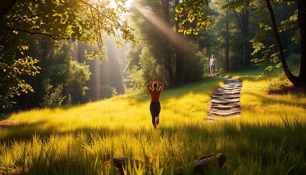 A serene, sun-dappled meadow with a winding path leading towards a tranquil forest. In the foreground, a person in a meditative yoga pose, their face calm and focused, surrounded by lush, verdant foliage. Rays of light filter through the canopy, casting a warm, ethereal glow. In the middle ground, a person navigating a rocky, uneven terrain, their brow furrowed in determination, while in the distance, another person emerges from the forest, their expression reflecting a sense of inner peace and clarity. The scene conveys the journey of overcoming physical and mental challenges through mindful practice, culminating in a state of harmony and well-being.
