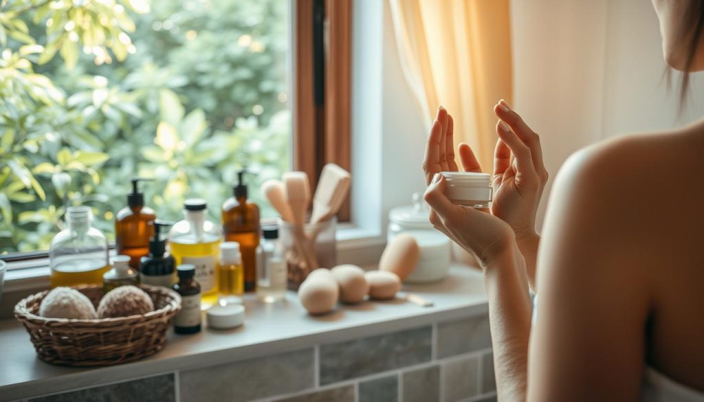 A serene, well-lit bathroom with natural stone tiles and a large window overlooking lush greenery. On the counter, an assortment of glass jars and bottles containing organic oils, lotions, and scrubs. A woven basket holds an array of natural sponges, brushes, and washcloths. Soft, warm lighting filters through sheer curtains, casting a gentle glow. In the foreground, a woman's hands hold a jar of moisturizer, applying it to her face with a soft, mindful touch. The scene exudes a sense of tranquility and self-care, reflecting the natural beauty and holistic approach to body care.