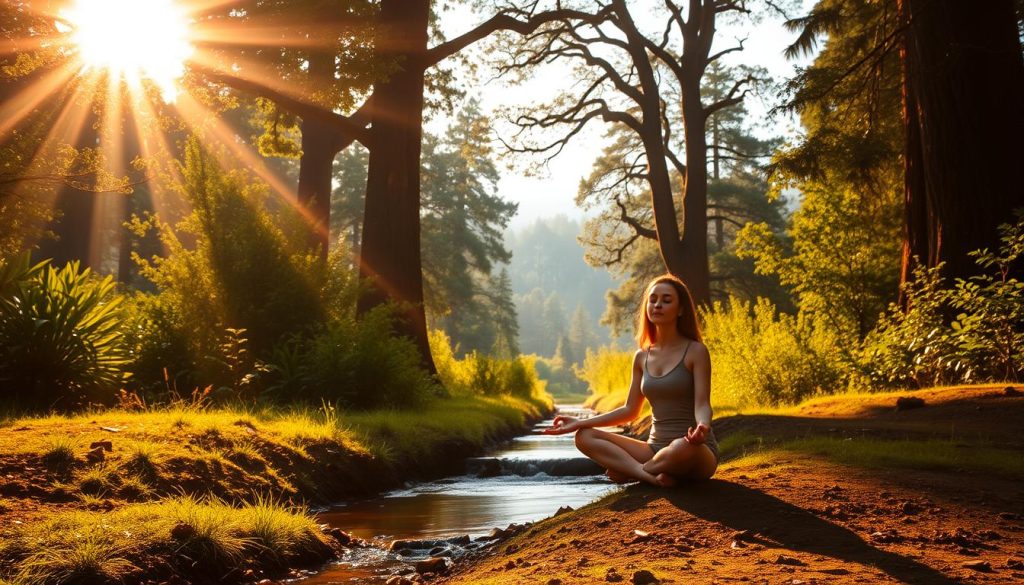 A tranquil outdoor scene of a person sitting in a meditative lotus position, surrounded by a lush, verdant forest. Warm, golden sunlight filters through the canopy of trees, casting a serene glow over the figure. The person's eyes are closed, their face radiating a sense of inner peace and focus. In the middle ground, a small stream flows gently, its calming sounds complementing the overall atmosphere of mindfulness and contemplation. The background is filled with towering, ancient trees and a hazy, blue sky, creating a harmonious, zen-like environment. The overall composition and lighting evoke a deep sense of calm, balance, and connection with the natural world.
