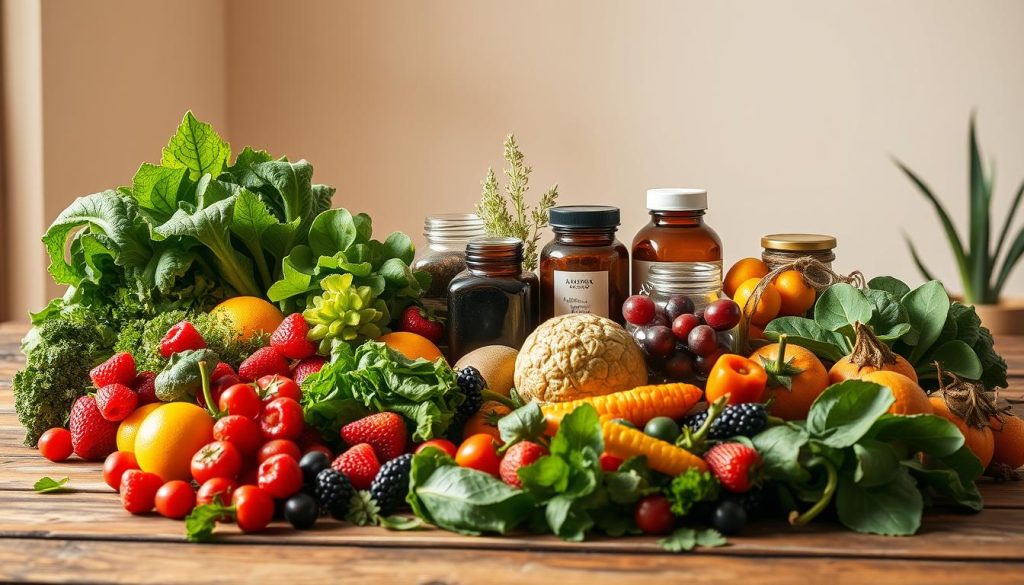 A vibrant, richly-textured still life depicting the concept of "Nutrition as Medicine". In the foreground, an assortment of fresh, organic produce - leafy greens, vibrant berries, crisp vegetables - arranged artfully on a rustic wooden table. Backlighting casts a warm, golden glow, accentuating the natural colors and textures. In the middle ground, jars of herbal supplements, tinctures, and holistic remedies stand as symbols of alternative healing. The background features a soothing, minimalist setting with soft, neutral tones, evoking a sense of tranquility and wellness. The overall mood is one of balance, nourishment, and the power of nature-based solutions for health and healing.