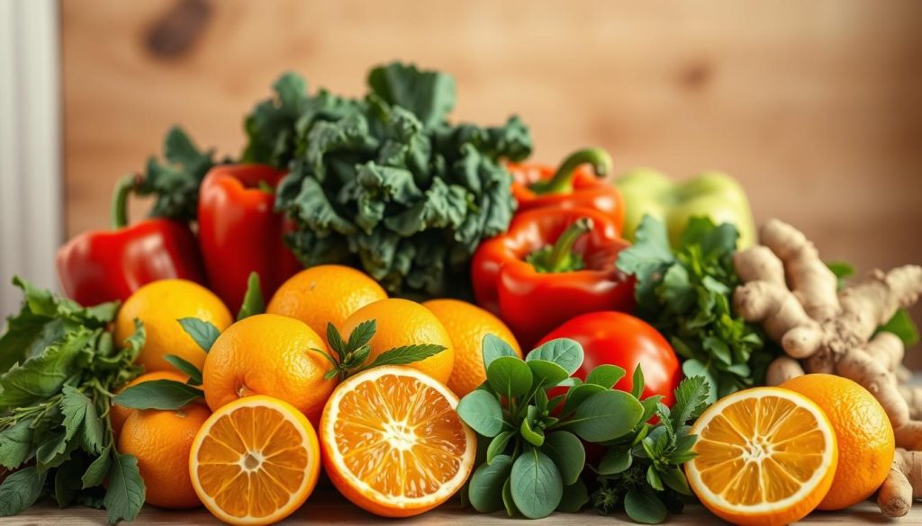 A vibrant still life arrangement showcasing an array of immune-boosting fruits and vegetables set against a warm, natural backdrop. In the foreground, a cluster of citrus fruits - juicy oranges, vibrant lemons, and tangy grapefruit - radiating a golden glow under soft, diffused lighting. In the middle ground, a mix of leafy greens - kale, spinach, and Swiss chard - their deep hues contrasting with the vibrant reds of bell peppers and the earthy browns of ginger roots. In the background, a subtle hint of a rustic wooden table or shelf, hinting at a cozy, homely setting. The composition is balanced, highlighting the natural beauty and nutritional value of these immune-boosting superfoods.