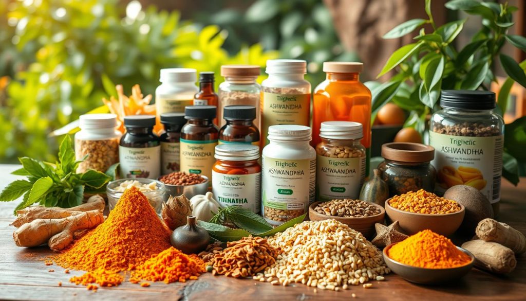A vibrant still life composition of an assortment of Ayurvedic herbs and spices arranged on a wooden table, bathed in warm, natural lighting. In the foreground, a variety of whole and crushed herbs such as turmeric, ginger, ashwagandha, triphala, and amla are displayed, their colors and textures contrasting beautifully. In the middle ground, various Ayurvedic supplements and remedies are neatly organized, while the background features lush greenery and a serene, earthy ambiance. The overall scene conveys the power and purity of these ancient Ayurvedic cleansing herbs, inviting the viewer to explore their benefits for internal detoxification and wellness.