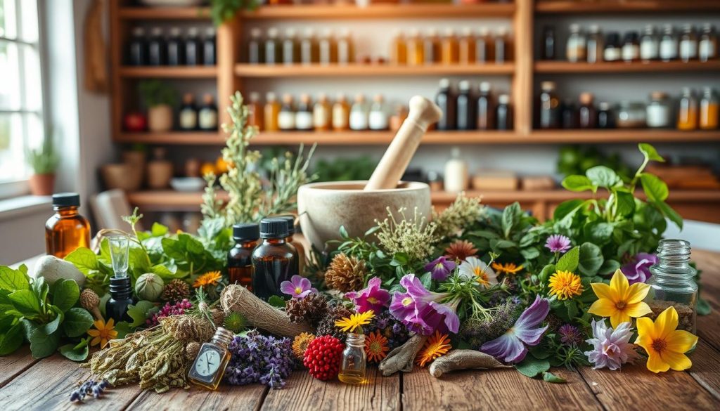 A vibrant still life of herbal remedies on a rustic wooden table, bathed in soft, natural lighting. In the foreground, an assortment of fresh herbs, dried flowers, and essential oil bottles are arranged with care, their colors and textures inviting touch and exploration. In the middle ground, a mortar and pestle stand ready, hinting at the process of preparing homemade tinctures and salves. The background features shelves lined with jars and bottles, suggesting a well-stocked apothecary. The overall scene exudes a sense of balance, healing, and the gentle power of nature's bounty.