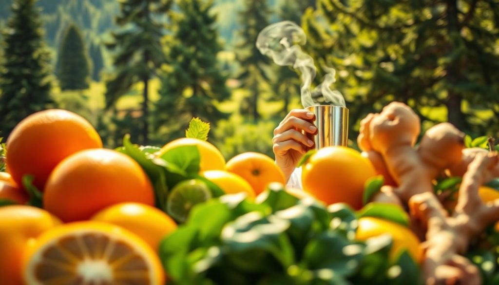 A vibrant, sun-dappled scene depicting natural immunity boosters. In the foreground, a bountiful assortment of fresh fruits and vegetables - oranges, lemons, kiwis, spinach, and ginger - radiates with warm hues. Slightly blurred in the middle ground, a person sipping a steaming, golden-hued beverage, perhaps a rejuvenating herbal tea or immune-supporting elixir. In the background, a lush, verdant landscape with towering evergreen trees, hinting at the restorative powers of nature. Soft, diffused lighting casts a serene, nurturing atmosphere, while a shallow depth of field draws the viewer's focus to the nourishing elements at the heart of the scene.
