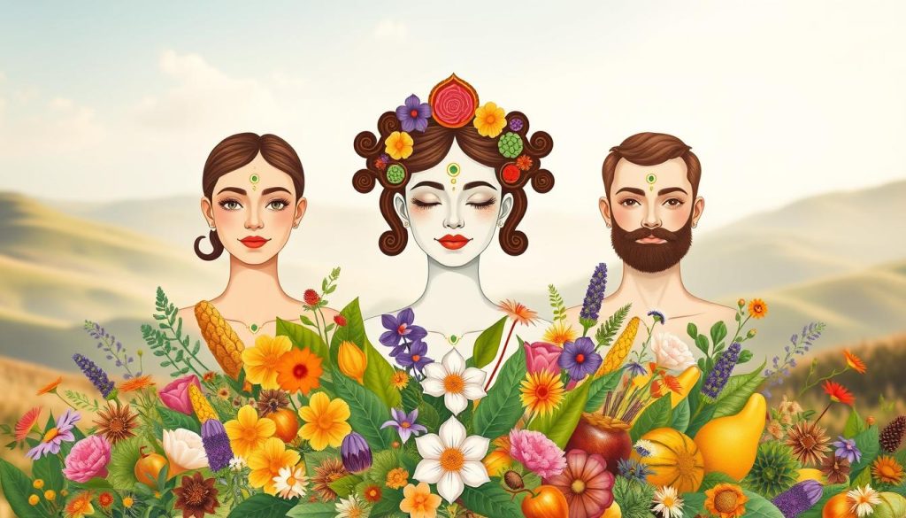 Ayurvedic Skincare Dosha Types - a lush, botanical illustration depicting the three main Ayurvedic skin types. In the foreground, a central composition showcases three figures representing Vata, Pitta, and Kapha doshas, each with distinct facial features, skin tones, and expressions reflecting their unique energy and balance. The middle ground is filled with an abundance of Ayurvedic herbs, flowers, and fruits associated with each dosha type, rendered in a vibrant, naturalistic style. In the soft, blurred background, a serene landscape featuring rolling hills, a clear sky, and diffused lighting creates a calming, holistic ambiance. The overall image conveys a sense of balance, harmony, and the connection between the individual and the natural world within the Ayurvedic wellness tradition.