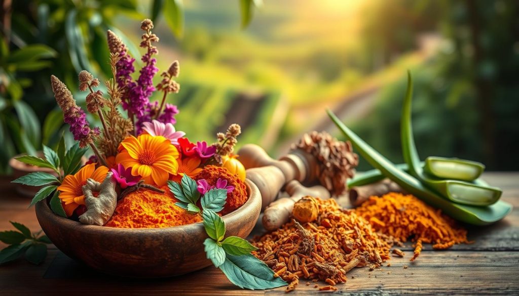 Elegant arrangement of vibrant Ayurvedic herbs and botanicals for glowing skin, including turmeric, ginger, amla, neem, and ashwagandha, bathed in soft, natural light. The foreground features the herbs and flowers in a rustic wooden bowl, while the middle ground showcases fresh ingredients like aloe vera leaves. The background is a serene, earthy landscape with lush greenery. The overall mood is one of tranquility, purity, and rejuvenation, reflecting the holistic power of Ayurvedic skincare.
