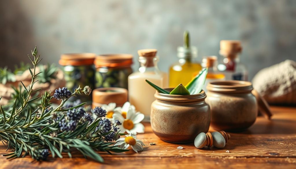 Soft focus image of an assortment of natural herbal remedies for luminous, glowing skin. Foreground features an array of organic botanicals like rosemary, lavender, chamomile, and aloe vera leaves, arranged artfully on a warm-toned wooden surface. Middle ground showcases handcrafted ceramic jars and bottles filled with herbal infusions and skincare potions. Background is a serene, muted palette evoking a rustic, earthy ambiance. Warm, diffused lighting gently illuminates the scene, creating a soothing, tranquil atmosphere. Emphasis is on the natural, wholesome ingredients and their ability to nourish and revitalize the skin.
